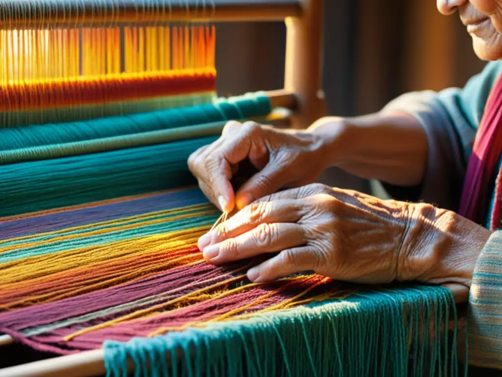 Las hábiles manos de un anciano artesano tejen con delicadeza hilos coloridos en un telar, iluminadas por el cálido sol