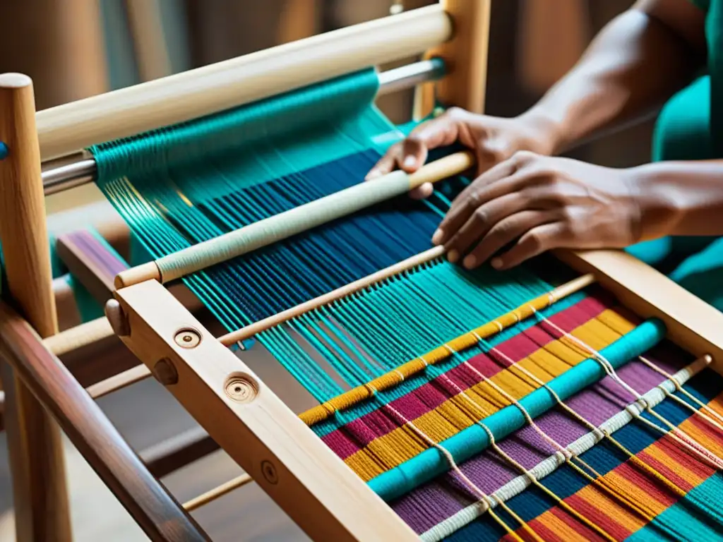 Las hábiles manos del artesano tejen coloridos hilos en un telar tradicional, junto a un diseño textil digital