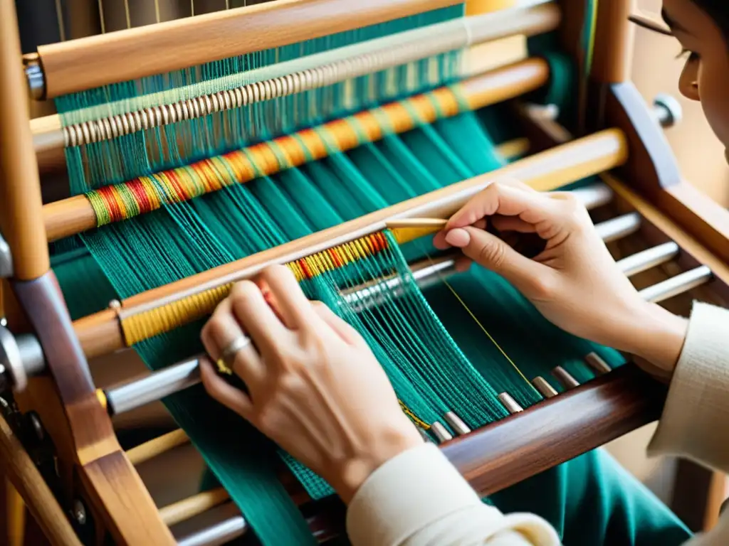 Las hábiles manos de un artesano tejen coloridos hilos en un telar de madera, mostrando la artesanía y trazabilidad de materiales en la era digital