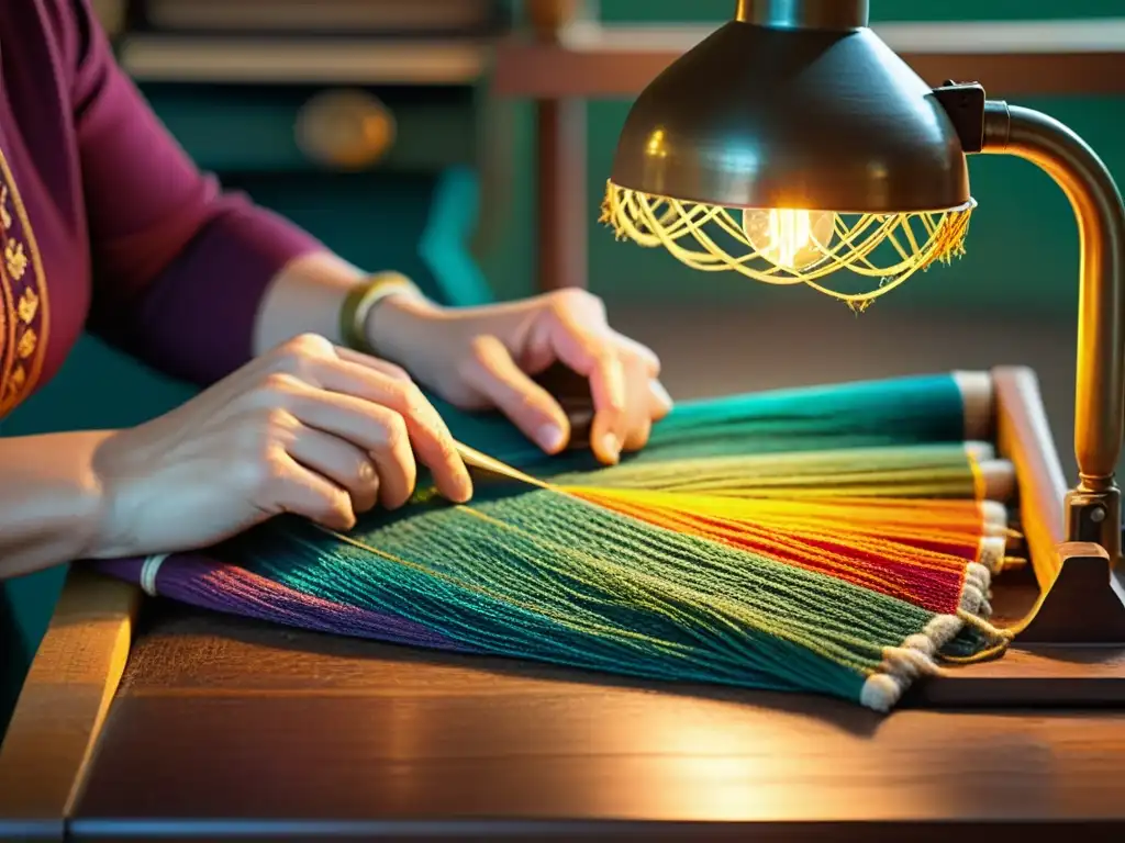 Las hábiles manos del artesano tejen con cuidado hilos coloridos en un patrón tradicional, iluminadas por la cálida luz de una lámpara vintage