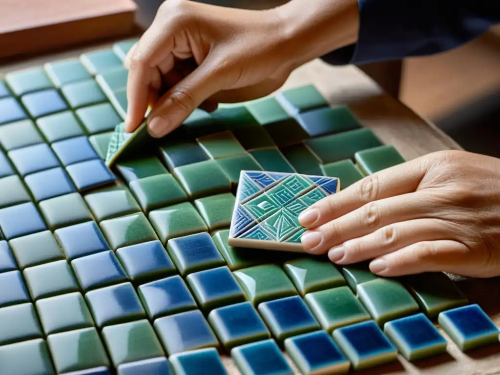 Las hábiles manos del artesano colocan con cuidado los azulejos para crear un patrón en mosaico, evocando la tradición de la cerámica artesanal