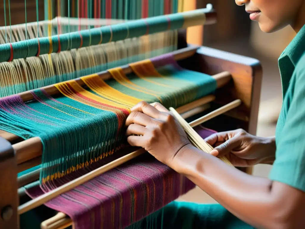 Las hábiles manos del artesano tejen con cuidado hilos coloridos en un telar, mostrando la artesanía tradicional en la era digital