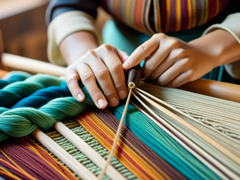 Las hábiles manos de un artesano tejen con destreza hilos multicolores, creando una pieza de moda artesanal