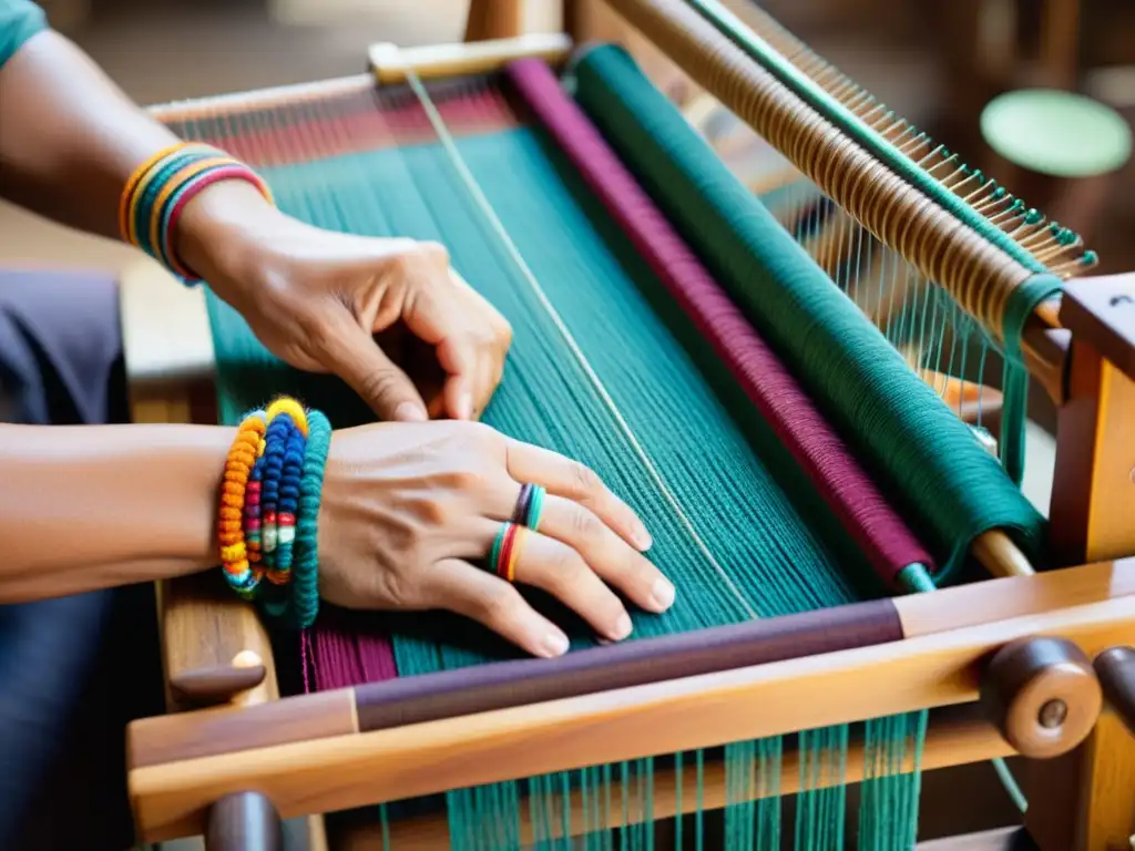 Las hábiles manos del artesano tejen un diseño colorido en un telar de madera tradicional, iluminadas por una suave luz cálida