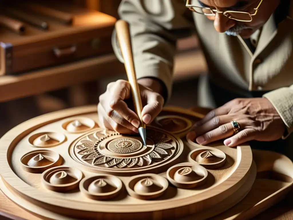 Las hábiles manos de un artesano tallando diseños en un instrumento musical de madera