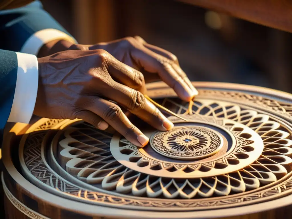 Las hábiles manos de un artesano tallan diseños en un instrumento musical de madera, resaltando su textura y tradición