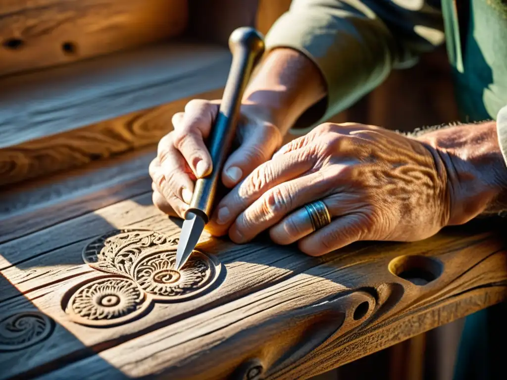 Las hábiles manos de un artesano esculpen diseños en madera, evocando la narrativa de marca artesanos digitales con encanto nostálgico