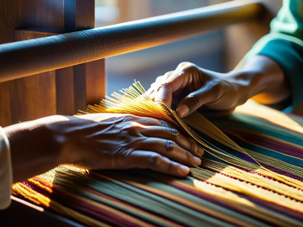 Las hábiles manos de un artesano tejen fibras vibrantes en un patrón tradicional, potenciando técnicas artesanales con diseño digital