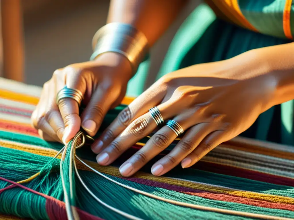 Las hábiles manos de un artesano tejiendo con hilos vibrantes, resaltando la autenticidad cultural