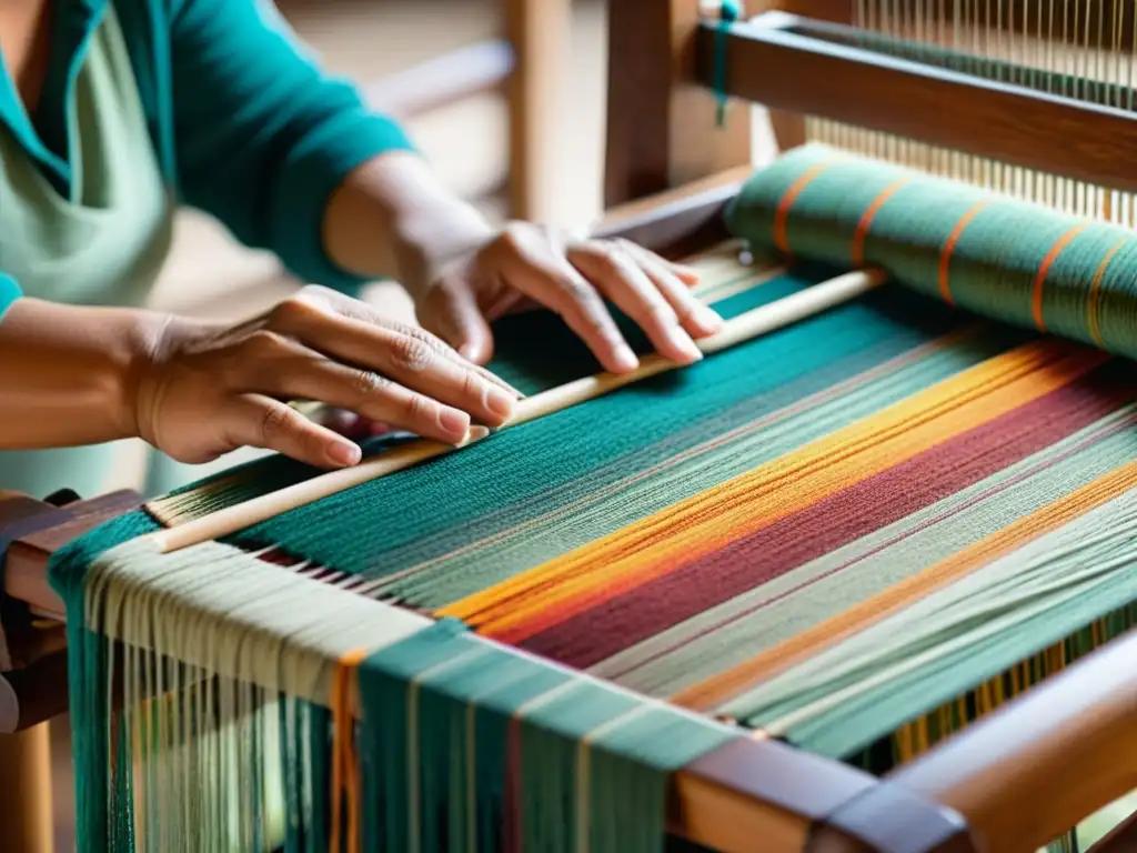 Las hábiles manos del artesano tejen hilos coloridos en un telar tradicional, evocando la artesanía y la tradición