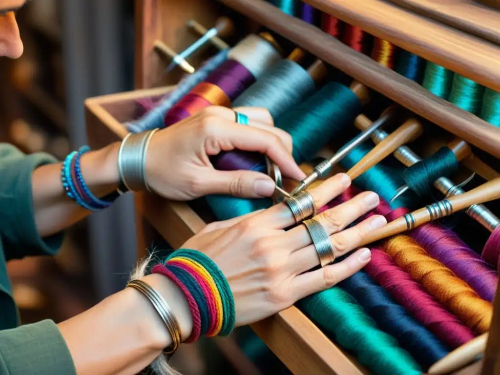 Las hábiles manos del artesano entrelazan hilos coloridos, creando un patrón textil tradicional