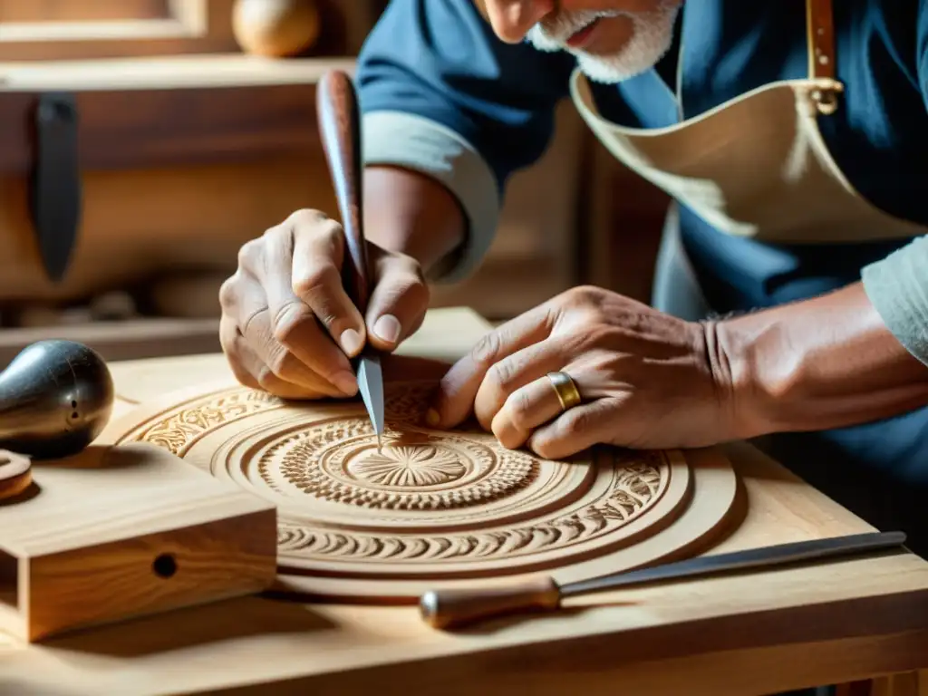 Las hábiles manos de un artesano esculpen madera con herramientas vintage, bajo una cálida iluminación que resalta los detalles