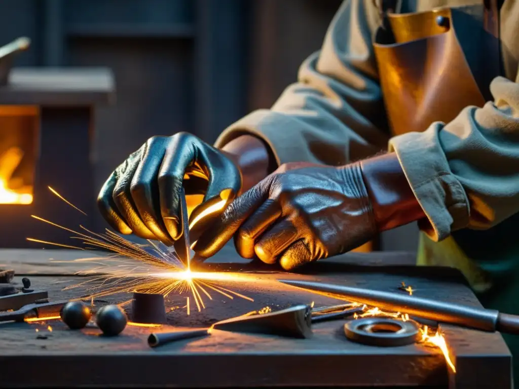 Las hábiles manos del artesano manipulan el metal fundido, iluminando las herramientas de metalurgia