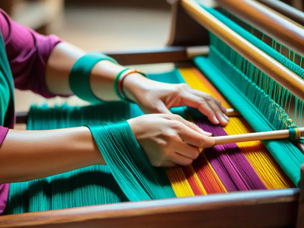 Las hábiles manos del artesano entrelazan patrones en seda, evocando la interconexión digital artesanía tradicional