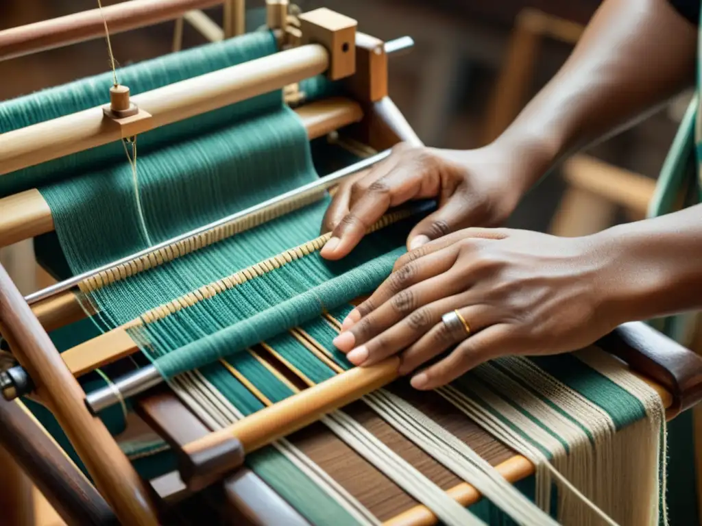 Arte textil ancestral & tecnología 3D Las hábiles manos del artesano tejen patrones tradicionales en un telar de madera, fusionando artesanía tradicional con animación digital