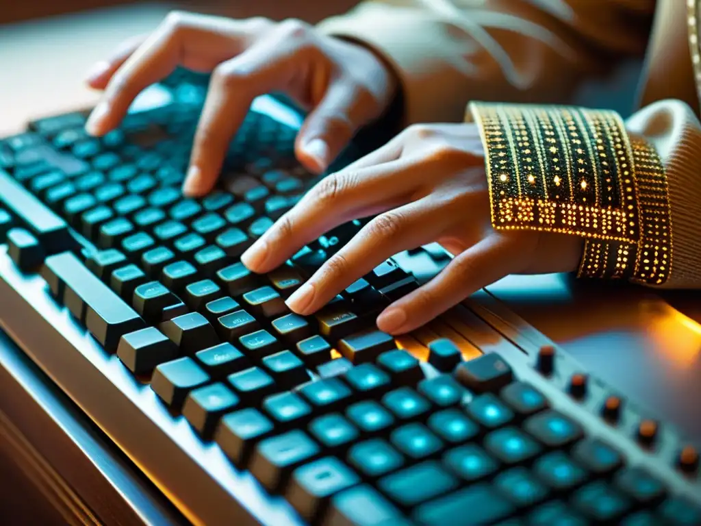 Artesano digital tejiendo patrones con teclado vintage Las hábiles manos de un artesano tejen patrones digitales en un teclado vintage, capturando la esencia de la artesanía digital en la era moderna