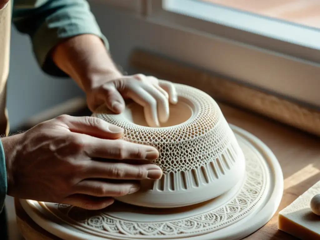 Las hábiles manos de un artesano manipulan una pieza de cerámica impresa en 3D, fusionando la tecnología con la artesanía tradicional