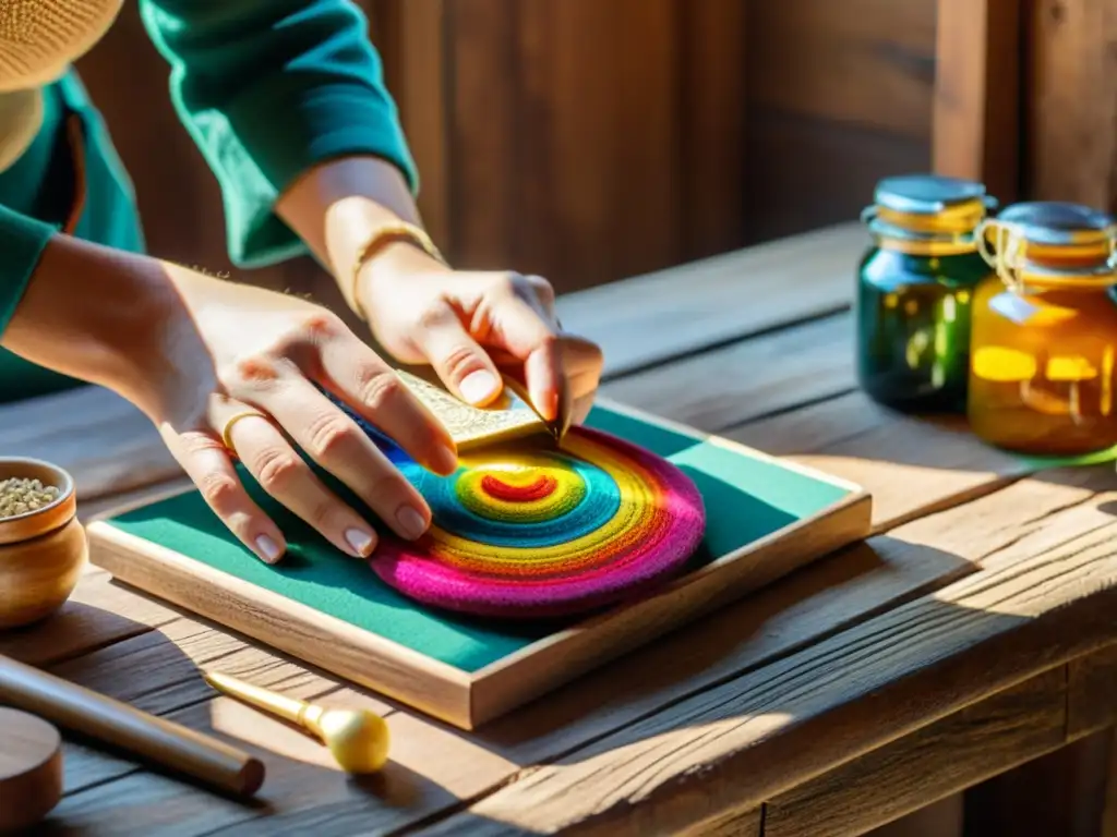 Las hábiles manos de un artesano disponen productos artesanales coloridos en una mesa de madera