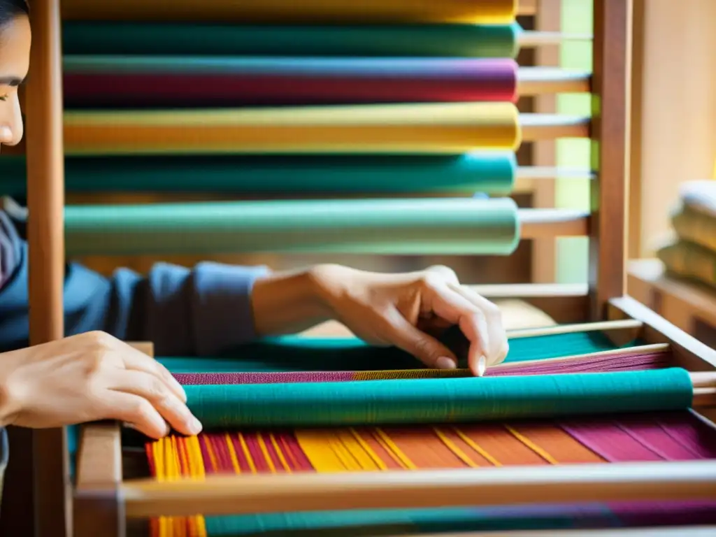 Las hábiles manos de un artesano tejen meticulosamente textiles coloridos, evocando tradición y destreza artesanal