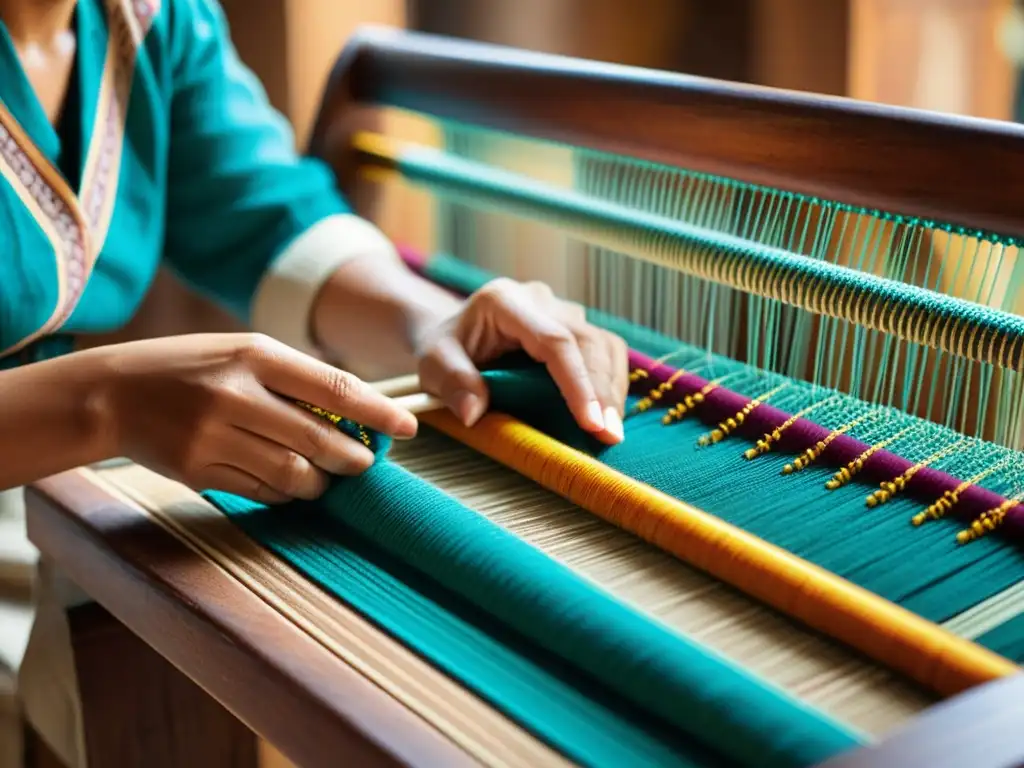 Las hábiles manos del artesano tejiendo textiles tradicionales en un telar de madera, fusionando diseño contemporáneo