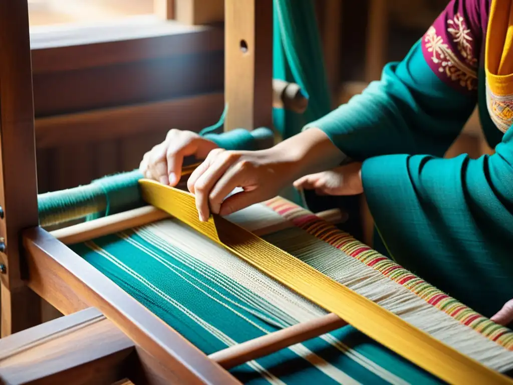 Artesano tejiendo telas tradicionales en telar vintage Las hábiles manos del artesano tejen textiles tradicionales en un telar de madera vintage, creando una fusión de artesanía y animación cultural
