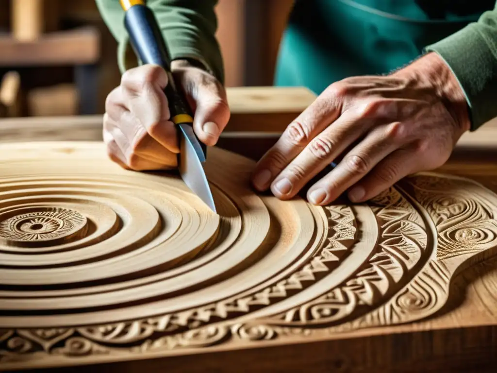 Las hábiles manos de un carpintero esculpen diseños en una mesa de madera reciclada, mostrando técnicas de carpintería digital con maestría y pasión