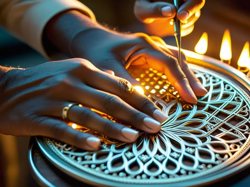 Las hábiles manos de un orfebre trabajando en un diseño de filigrana de plata, iluminadas por la cálida luz de un taller tradicional