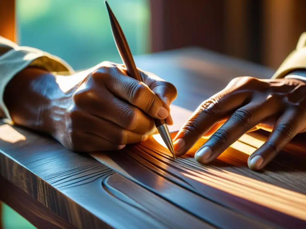 Las habilidosas manos de un artesano esculpen diseños meticulosos en una mesa de madera, bañadas por la cálida luz dorada