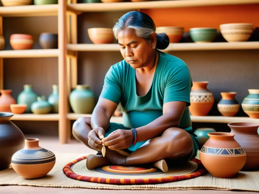 Un habilidoso artesano indígena crea una pieza de cerámica tradicional con intrincados diseños, destacando la preservación de la artesanía indígena