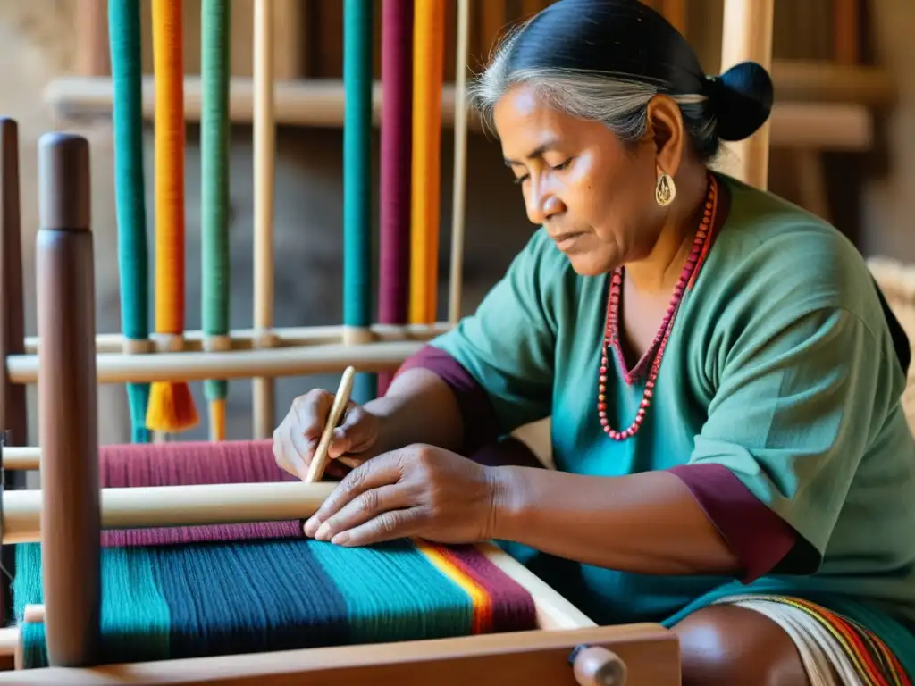 Un habilidoso artesano indígena teje textiles con arte digital, entre colores vibrantes y tradición centenaria