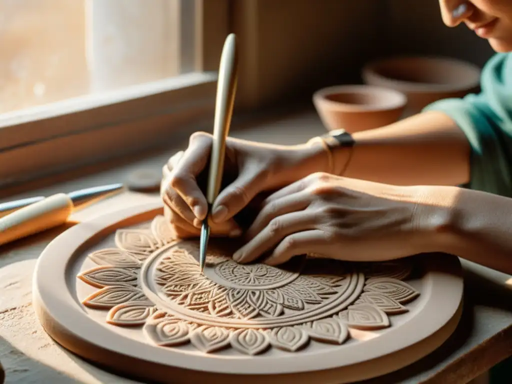 Un habilidoso artesano modela a mano una cerámica personalizada con delicados patrones, rodeado de herramientas vintage