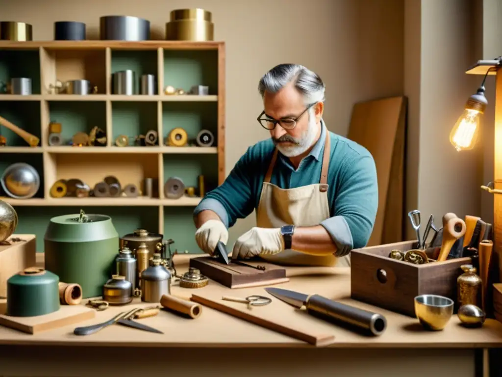 Un habilidoso artesano transforma materiales antiguos en piezas de arte únicas, en un ambiente cálido y nostálgico