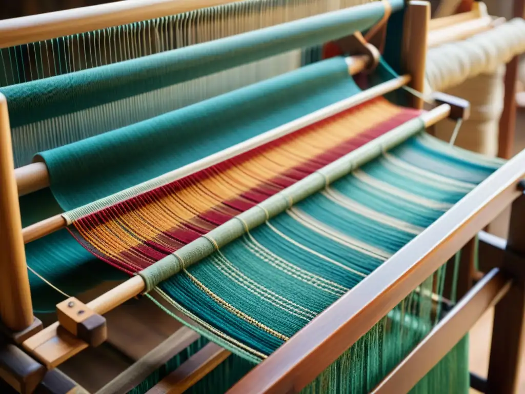 Telar tradicional con hilos vibrantes y tejido detallado Una hermosa animación de fusion artesanía tradicional con hilos multicolores entrelazados en un telar, resaltando la destreza artesanal
