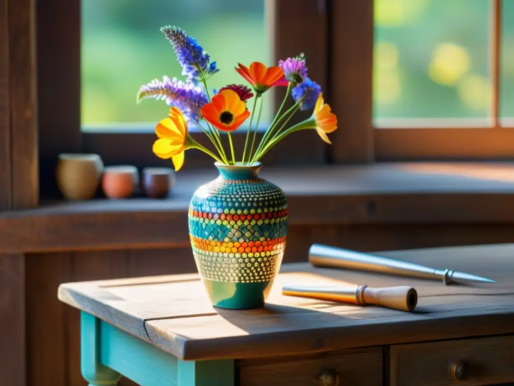 Una hermosa artesanía de cerámica con patrón de mosaico colorido en una mesa de madera, bañada por la cálida luz del sol