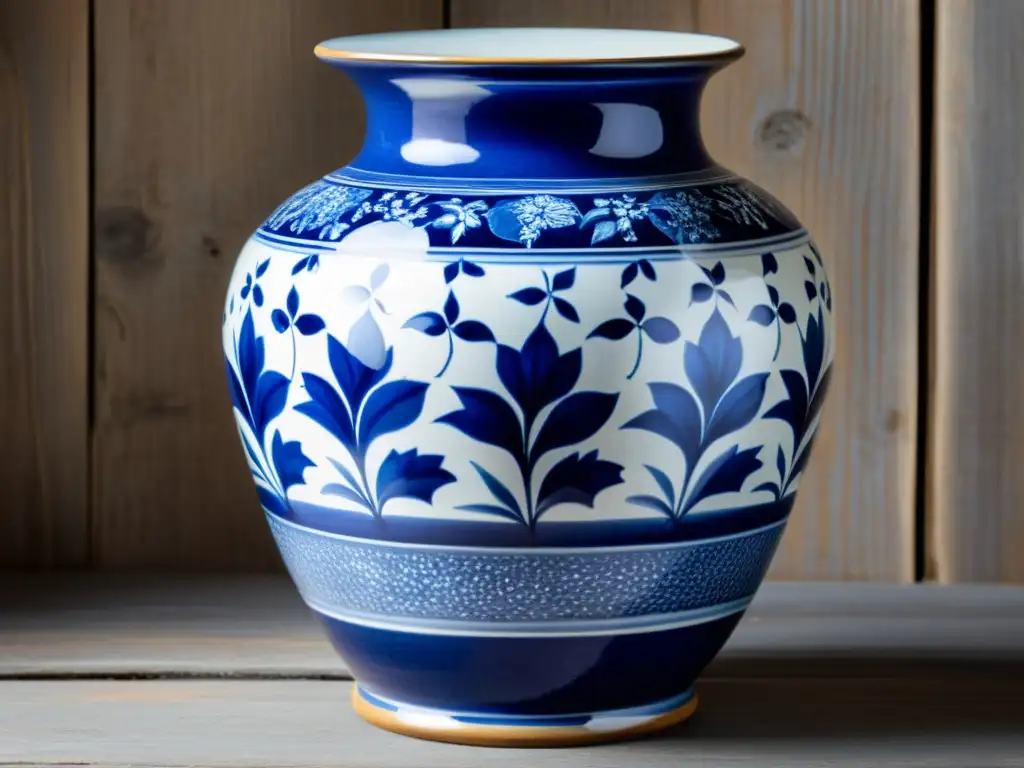 Una hermosa artesanía digital de Cerámica de Delft, con detallados patrones florales en azul y blanco, reflejando una atmósfera nostálgica y auténtica