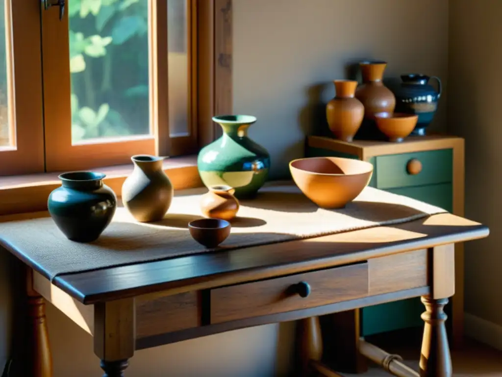 Una hermosa fotografía para artesanías en línea, con productos artesanales dispuestos en una rústica mesa de madera bajo la suave luz natural