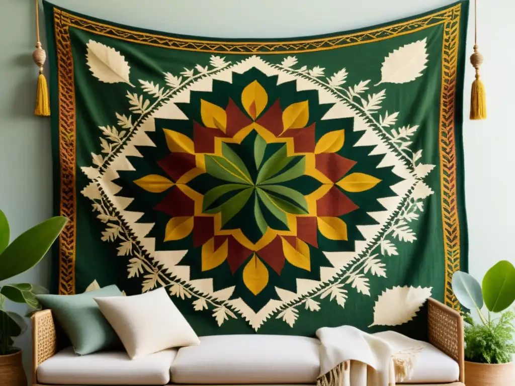 Una hermosa creación textil contemporánea con plantas, exhibiendo una variedad de colores terrosos e intrincados patrones en un telar vintage