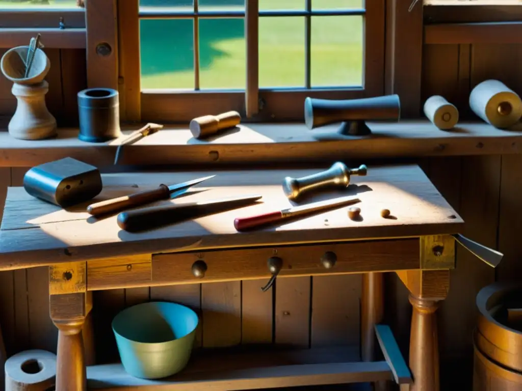 Una hermosa escena de un banco de trabajo de madera antiguo, con herramientas de artesano dispersas y luz cálida