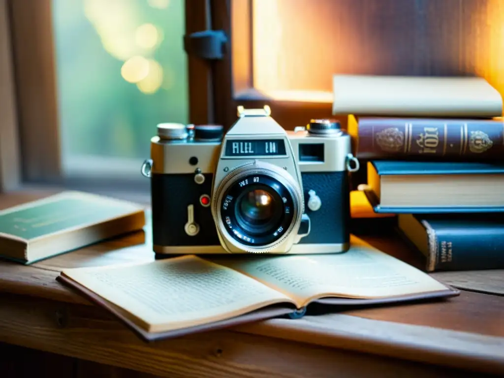 Una hermosa escena nostálgica de una cámara fotográfica vintage rodeada de libros y equipo fotográfico antiguo sobre una mesa de madera envejecida