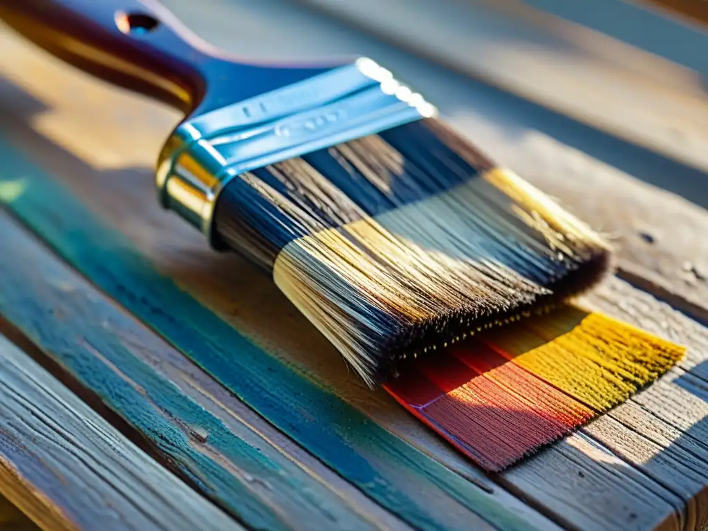 Una hermosa escena de pintura artesanal en la era digital, con un pincel vintage cubierto de vibrante pintura al óleo, tubos de colores y una paleta de madera en luz dorada