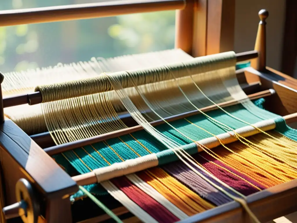 Una hermosa escena de un telar de madera vintage con hilos de colores tejidos a mano, mostrando la artesanía y la innovación en moda sostenible