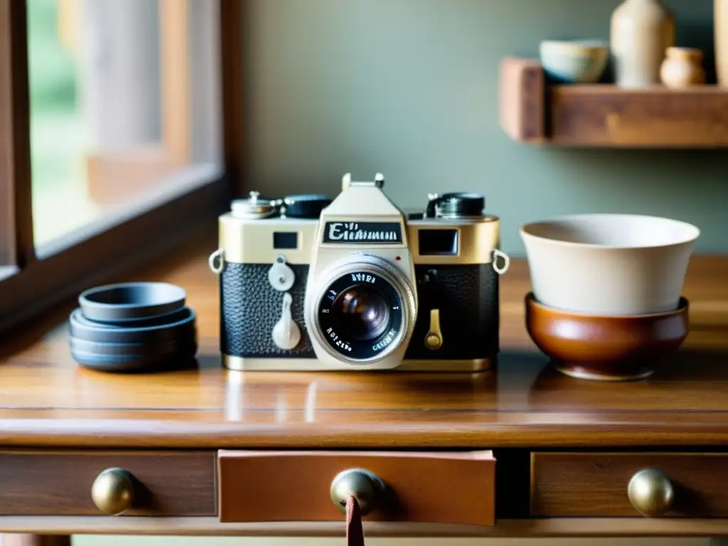 Una hermosa escena vintage con una cámara fotográfica rodeada de productos artesanales en una mesa de madera rústica, iluminada por luz natural