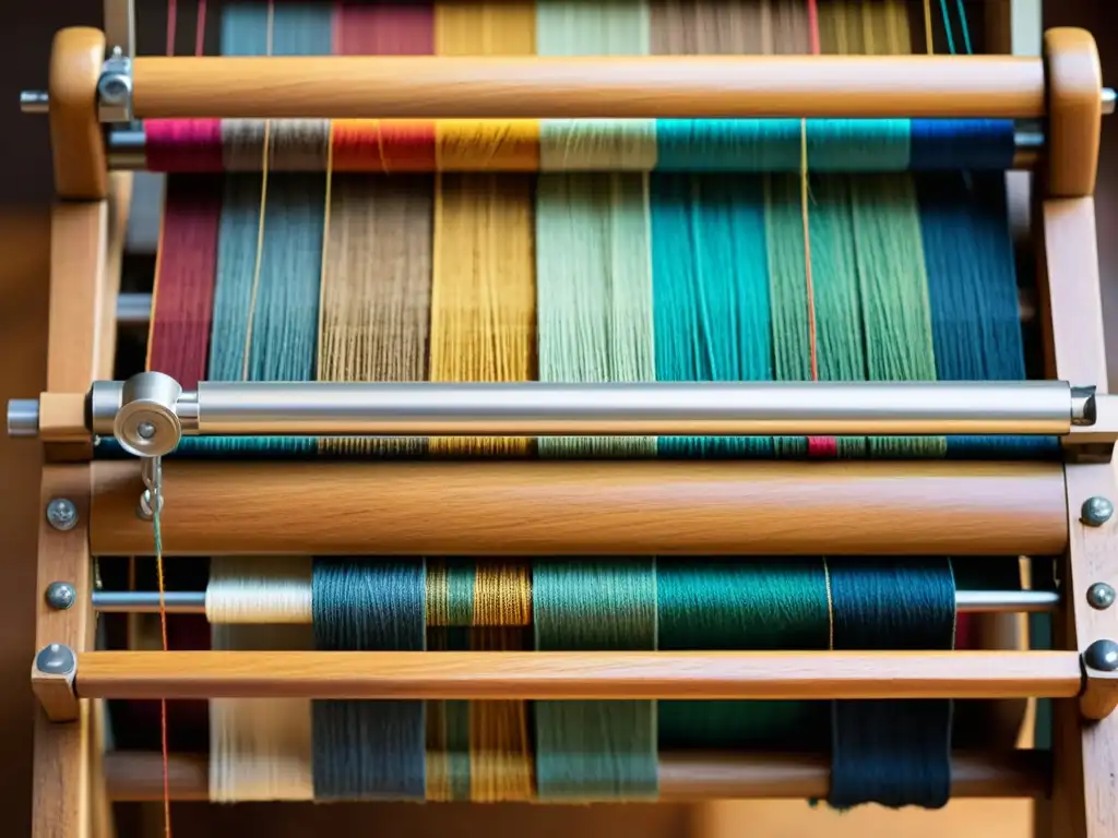 Una hermosa imagen de un antiguo telar de madera con hilos de colores, evocando la artesanía textil y la rica historia de la narrativa artesanal