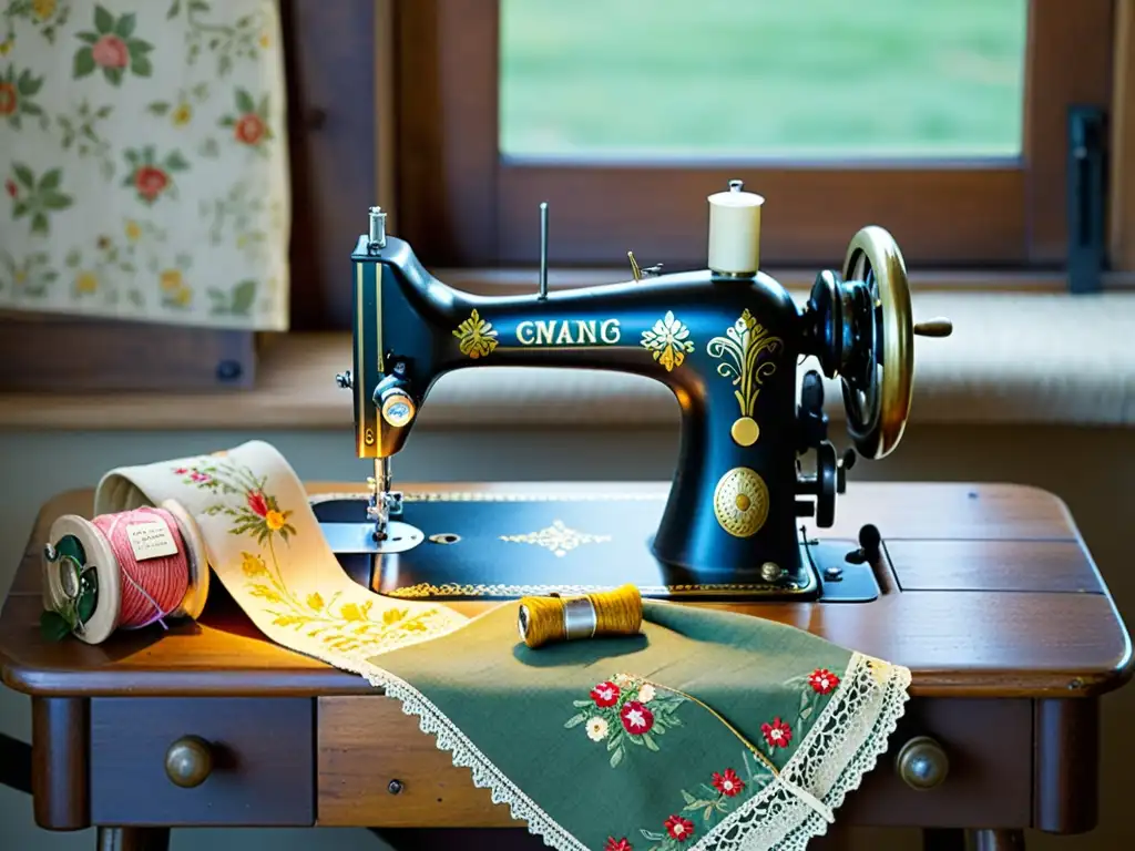 Una hermosa máquina de coser vintage con detalles dorados y delicados patrones florales, sobre un banco de trabajo de madera rústica