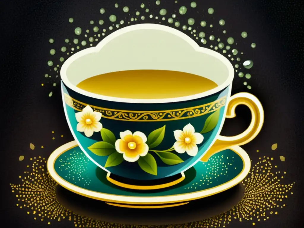 Una hermosa pintura estilo vintage de una diminuta taza de té con patrones florales y detalles dorados, en un fondo texturizado oscuro