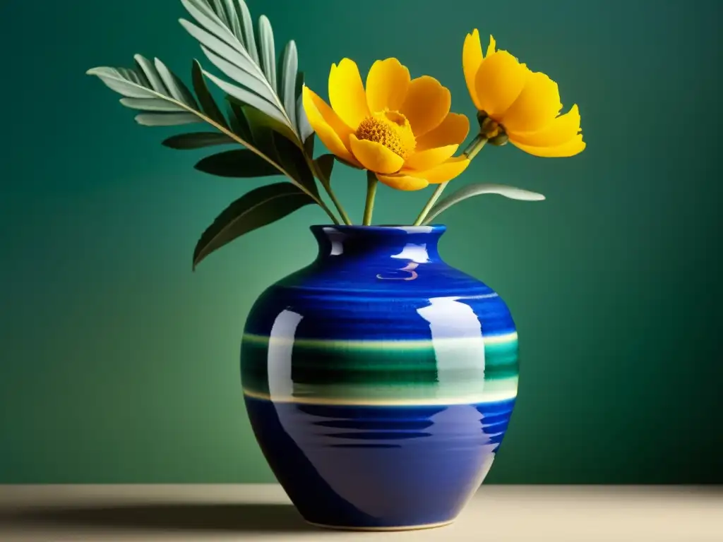 Vaso de cerámica artesanal vintage en tonos vibrantes Fotografía de un hermoso jarrón artesanal vintage en tonos de azul, verde y amarillo, iluminado por luz natural suave