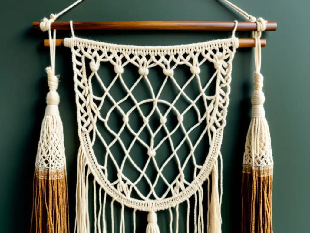 Un hermoso tapiz de macramé vintage con detalles intrincados y tonos cálidos que evocan nostalgia