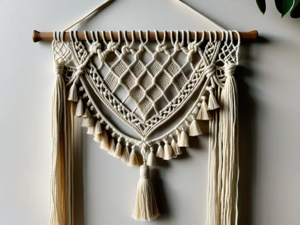 Un hermoso tapiz de macramé vintage con intrincados nudos en tonos tierra, iluminado suavemente