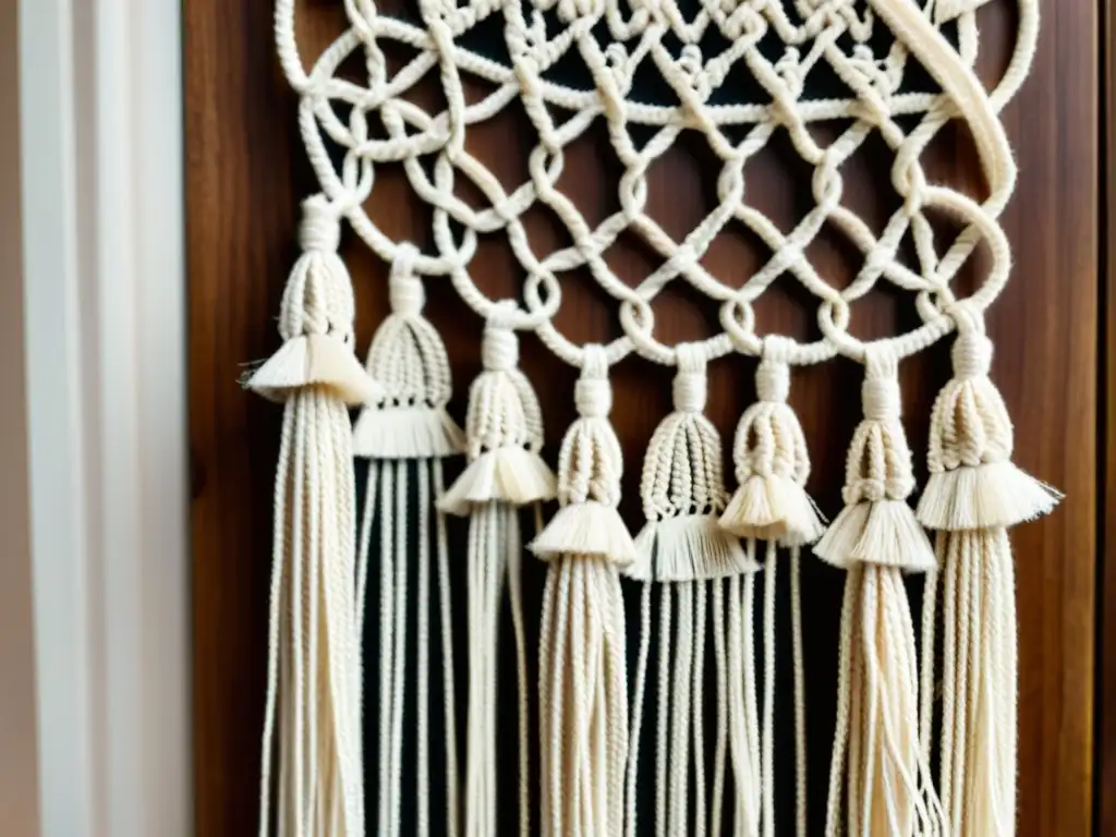 Un hermoso tapiz de macramé vintage con intrincados patrones de nudos y detalles de flecos