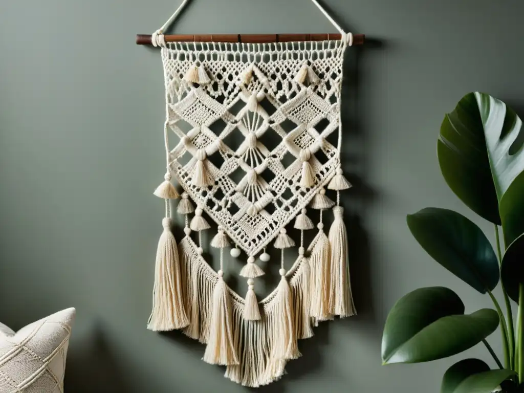 Un hermoso tapiz de macramé en tonos terrosos, con nudos y flecos detallados